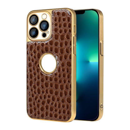 For iPhone 13 Pro Max Pearl Crocodile Texture Electroplated Frame PC + Vegan Leather Phone Case - Brown - EDA009690113E
