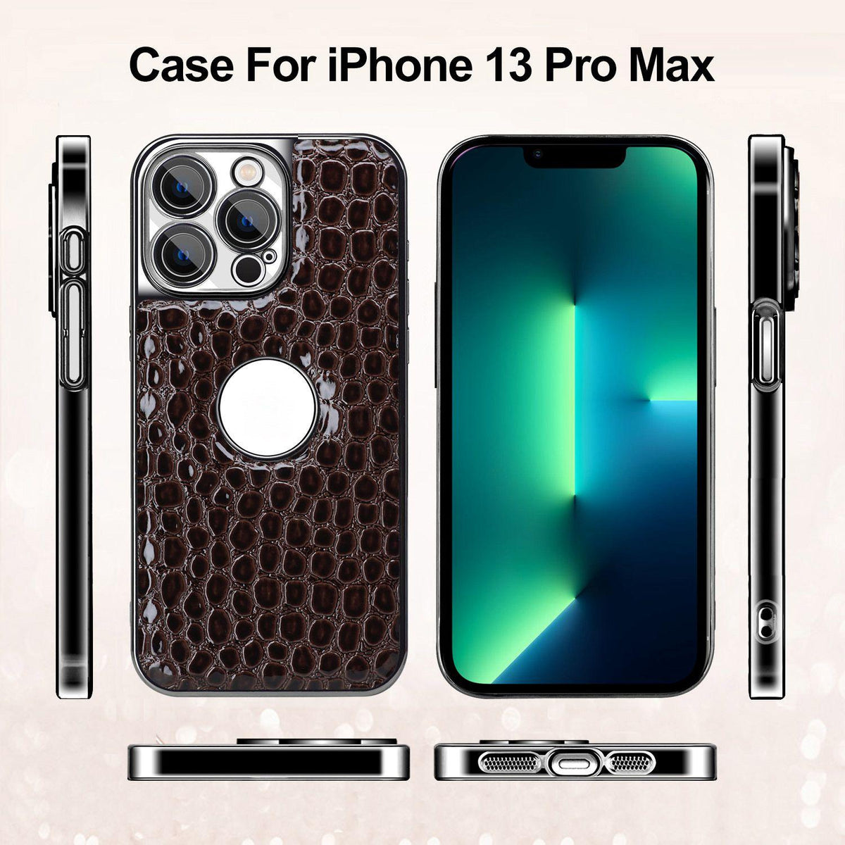 For iPhone 13 Pro Max Pearl Crocodile Texture Electroplated Frame PC + Vegan Leather Phone Case - Brown - EDA009690113E
