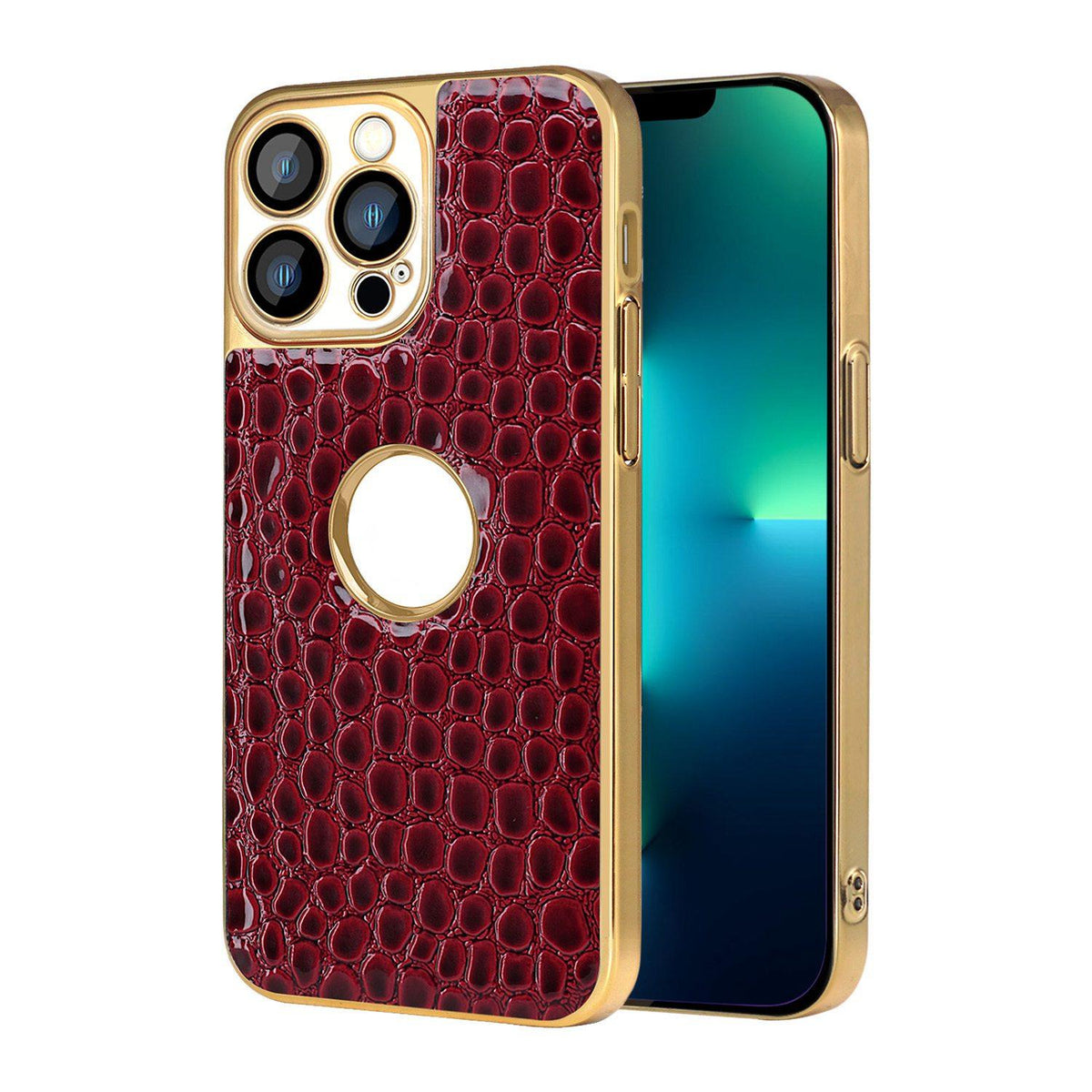 For iPhone 13 Pro Max Pearl Crocodile Texture Electroplated Frame PC + Vegan Leather Phone Case - Red - EDA009690113F
