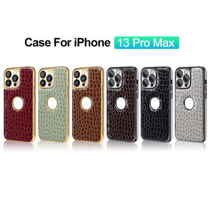 For iPhone 13 Pro Max Pearl Crocodile Texture Electroplated Frame PC + Vegan Leather Phone Case - Red - EDA009690113F