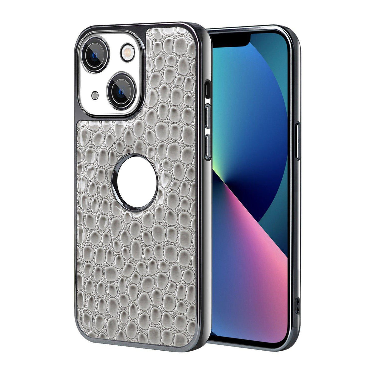 For iPhone 13 Pearl Crocodile Texture Electroplated Frame PC + Vegan Leather Phone Case - Gray - EDA009690115A