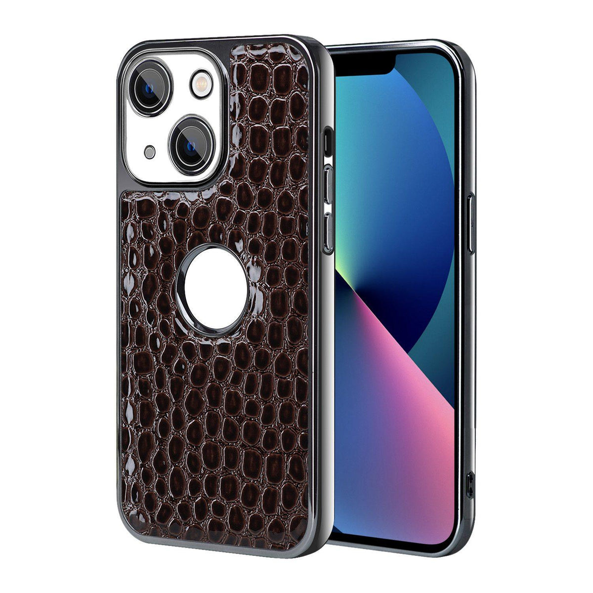 For iPhone 13 Pearl Crocodile Texture Electroplated Frame PC + Vegan Leather Phone Case - Dark Brown - EDA009690115B