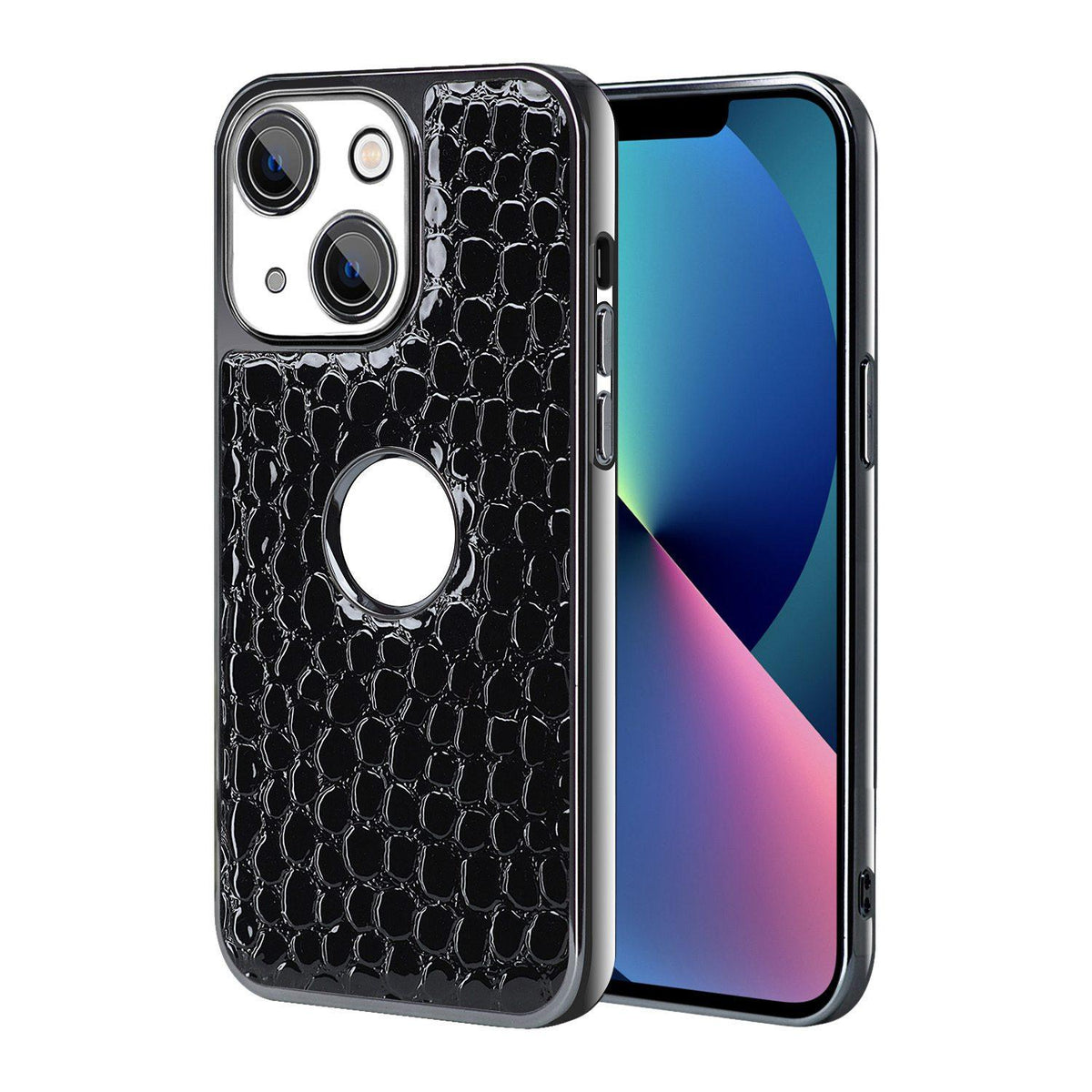 For iPhone 13 Pearl Crocodile Texture Electroplated Frame PC + Vegan Leather Phone Case - Black - EDA009690115C