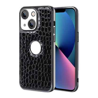 For iPhone 13 Pearl Crocodile Texture Electroplated Frame PC + Vegan Leather Phone Case - Black - EDA009690115C