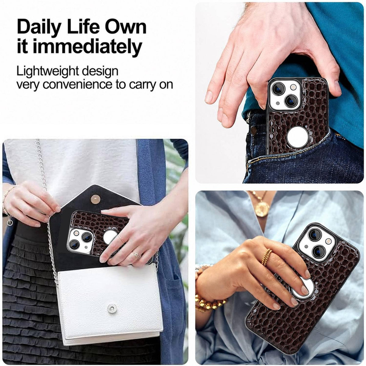 For iPhone 13 Pearl Crocodile Texture Electroplated Frame PC + Vegan Leather Phone Case - Black - EDA009690115C