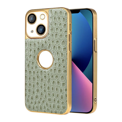 For iPhone 13 Pearl Crocodile Texture Electroplated Frame PC + Vegan Leather Phone Case - Green - EDA009690115D