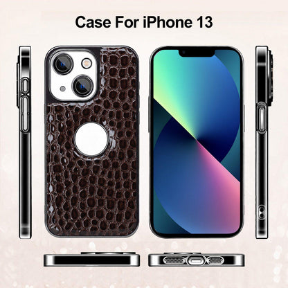For iPhone 13 Pearl Crocodile Texture Electroplated Frame PC + Vegan Leather Phone Case - Green - EDA009690115D