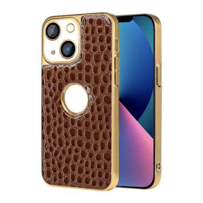 For iPhone 13 Pearl Crocodile Texture Electroplated Frame PC + Vegan Leather Phone Case - Brown - EDA009690115E