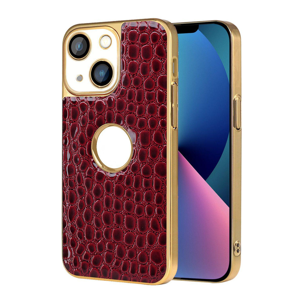 For iPhone 13 Pearl Crocodile Texture Electroplated Frame PC + Vegan Leather Phone Case - Red - EDA009690115F