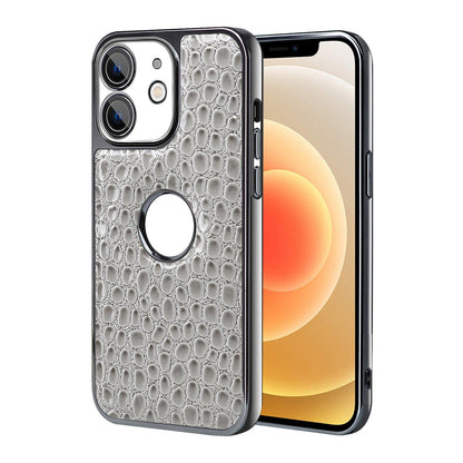 For iPhone 12 Pearl Crocodile Texture Electroplated Frame PC + Vegan Leather Phone Case - Gray - EDA009690116A