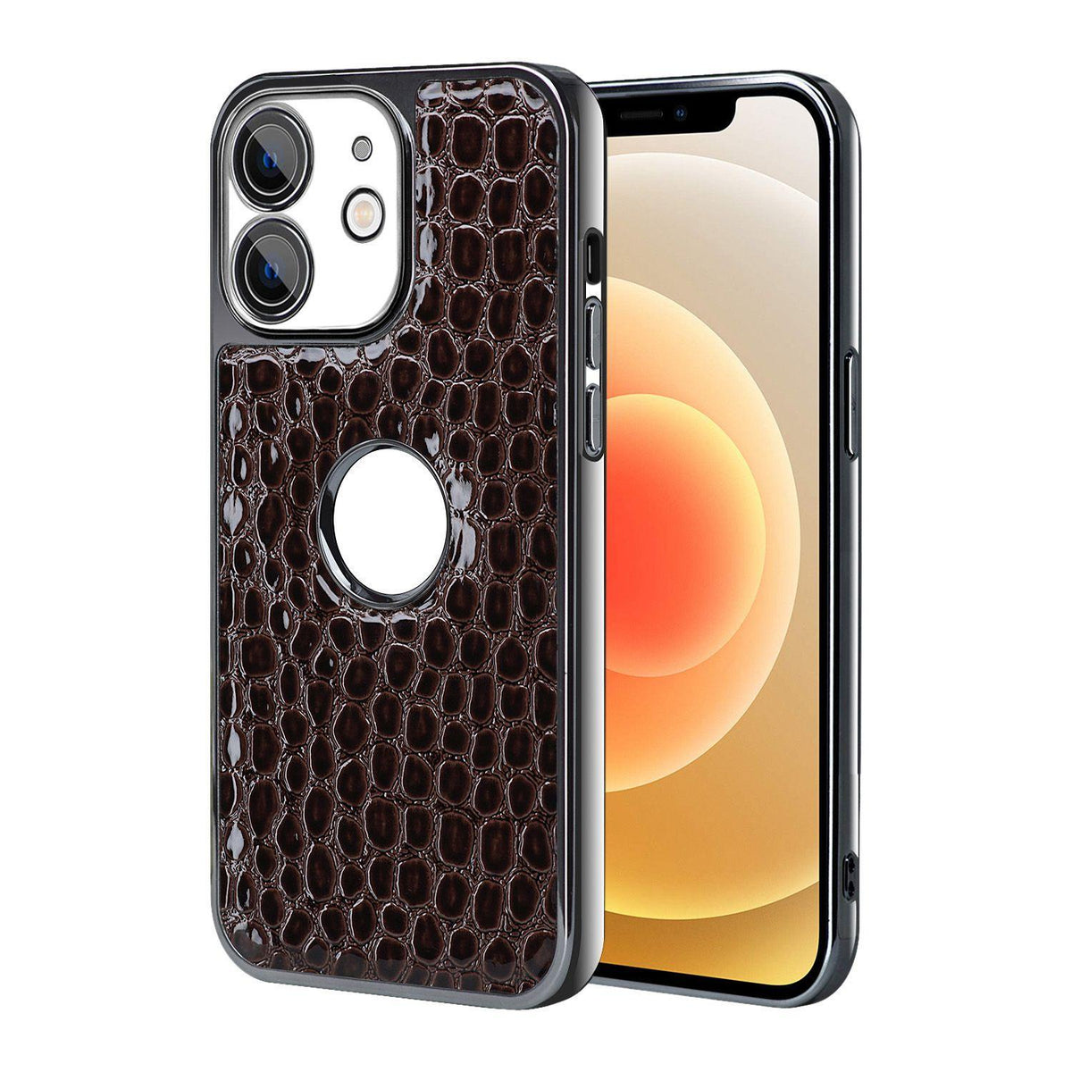 For iPhone 12 Pearl Crocodile Texture Electroplated Frame PC + Vegan Leather Phone Case - Dark Brown - EDA009690116B