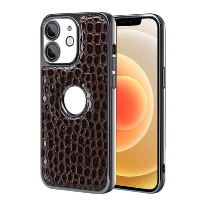 For iPhone 12 Pearl Crocodile Texture Electroplated Frame PC + Vegan Leather Phone Case - Dark Brown - EDA009690116B