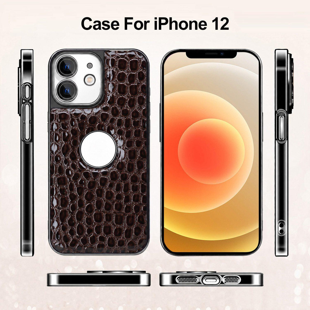 For iPhone 12 Pearl Crocodile Texture Electroplated Frame PC + Vegan Leather Phone Case - Black - EDA009690116C