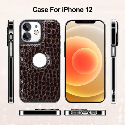 For iPhone 12 Pearl Crocodile Texture Electroplated Frame PC + Vegan Leather Phone Case - Black - EDA009690116C