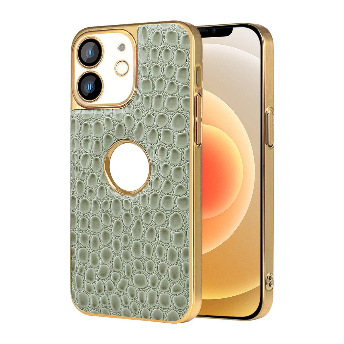 For iPhone 12 Pearl Crocodile Texture Electroplated Frame PC + Vegan Leather Phone Case - Green - EDA009690116D
