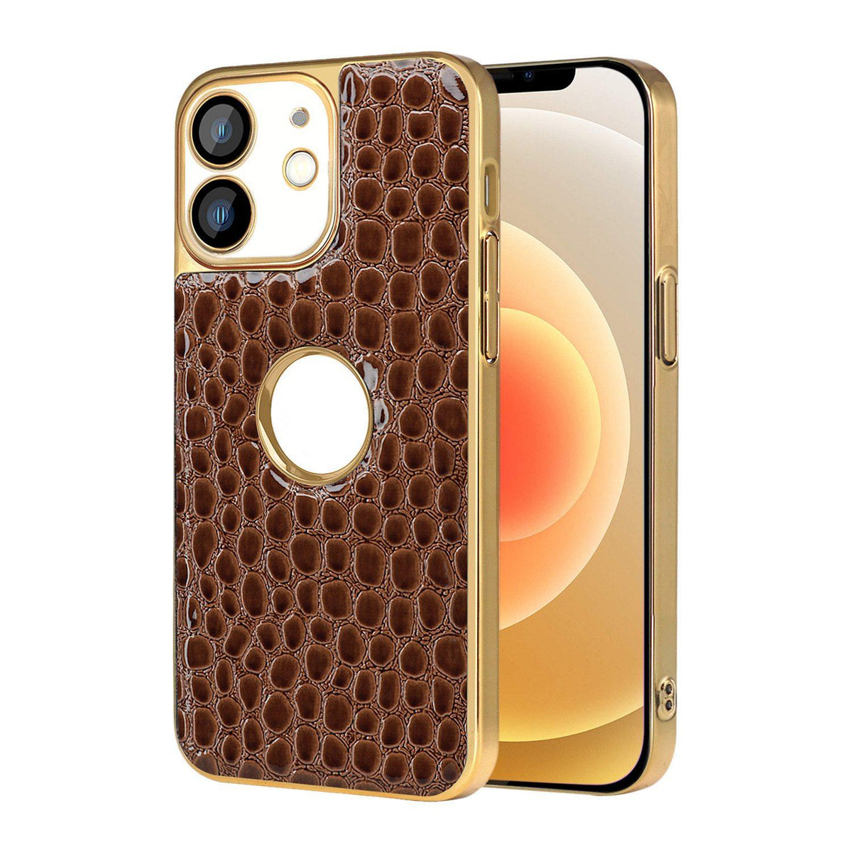 For iPhone 12 Pearl Crocodile Texture Electroplated Frame PC + Vegan Leather Phone Case - Brown - EDA009690116E