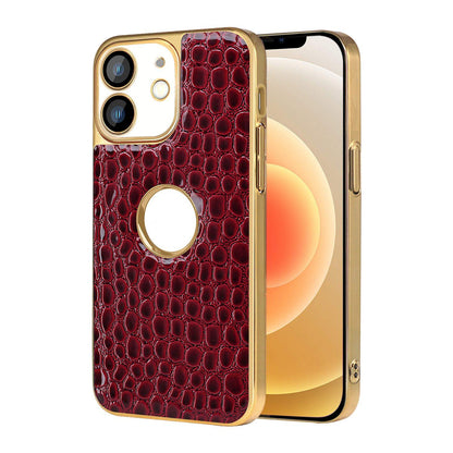For iPhone 12 Pearl Crocodile Texture Electroplated Frame PC + Vegan Leather Phone Case - Red - EDA009690116F