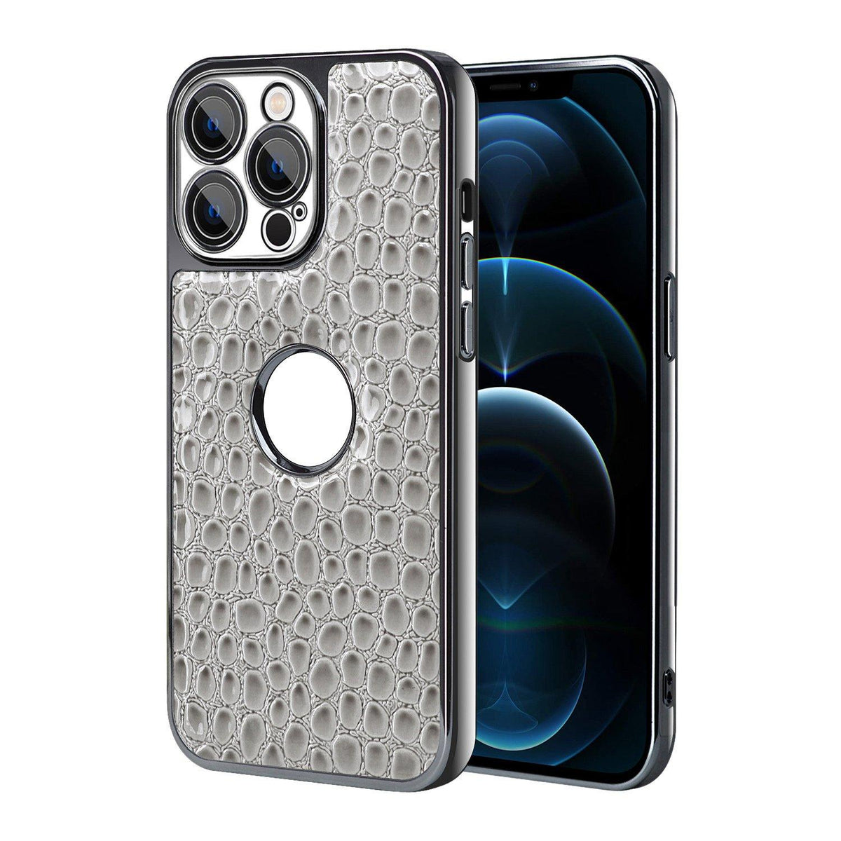 For iPhone 12 Pro Max Pearl Crocodile Texture Electroplated Frame PC + Vegan Leather Phone Case - Gray - EDA009690117A