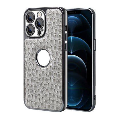 For iPhone 12 Pro Max Pearl Crocodile Texture Electroplated Frame PC + Vegan Leather Phone Case - Gray - EDA009690117A