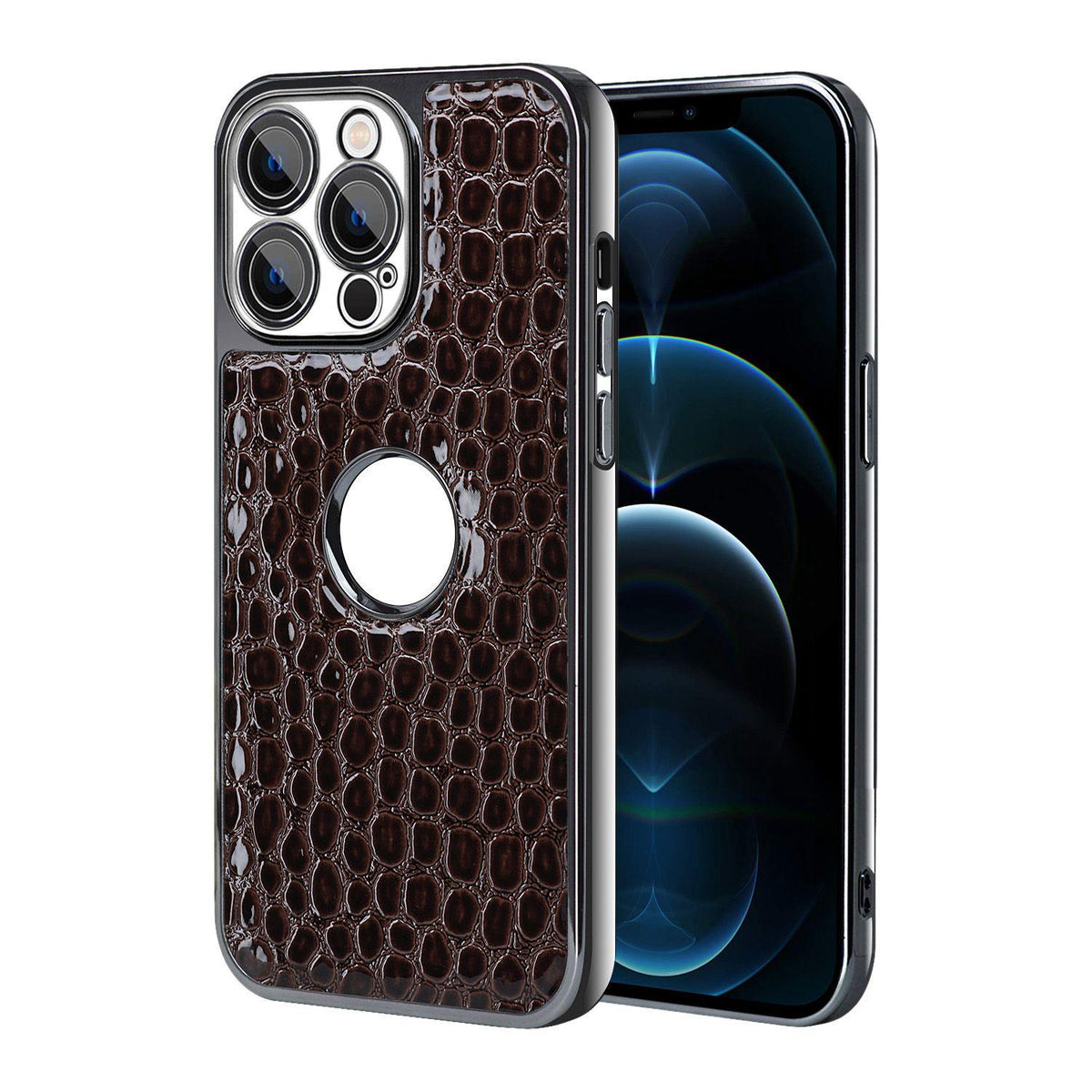 For iPhone 12 Pro Max Pearl Crocodile Texture Electroplated Frame PC + Vegan Leather Phone Case - Dark Brown - EDA009690117B