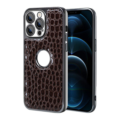 For iPhone 12 Pro Max Pearl Crocodile Texture Electroplated Frame PC + Vegan Leather Phone Case - Dark Brown - EDA009690117B