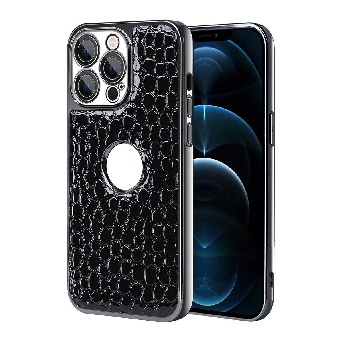 For iPhone 12 Pro Max Pearl Crocodile Texture Electroplated Frame PC + Vegan Leather Phone Case - Black - EDA009690117C