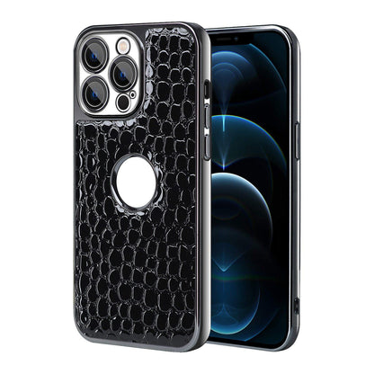 For iPhone 12 Pro Max Pearl Crocodile Texture Electroplated Frame PC + Vegan Leather Phone Case - Black - EDA009690117C