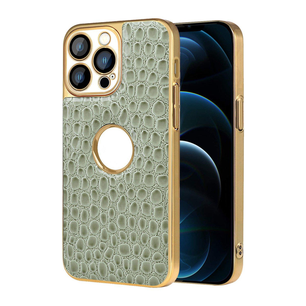 For iPhone 12 Pro Max Pearl Crocodile Texture Electroplated Frame PC + Vegan Leather Phone Case - Green - EDA009690117D