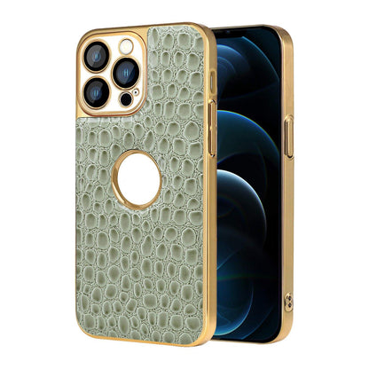 For iPhone 12 Pro Max Pearl Crocodile Texture Electroplated Frame PC + Vegan Leather Phone Case - Green - EDA009690117D