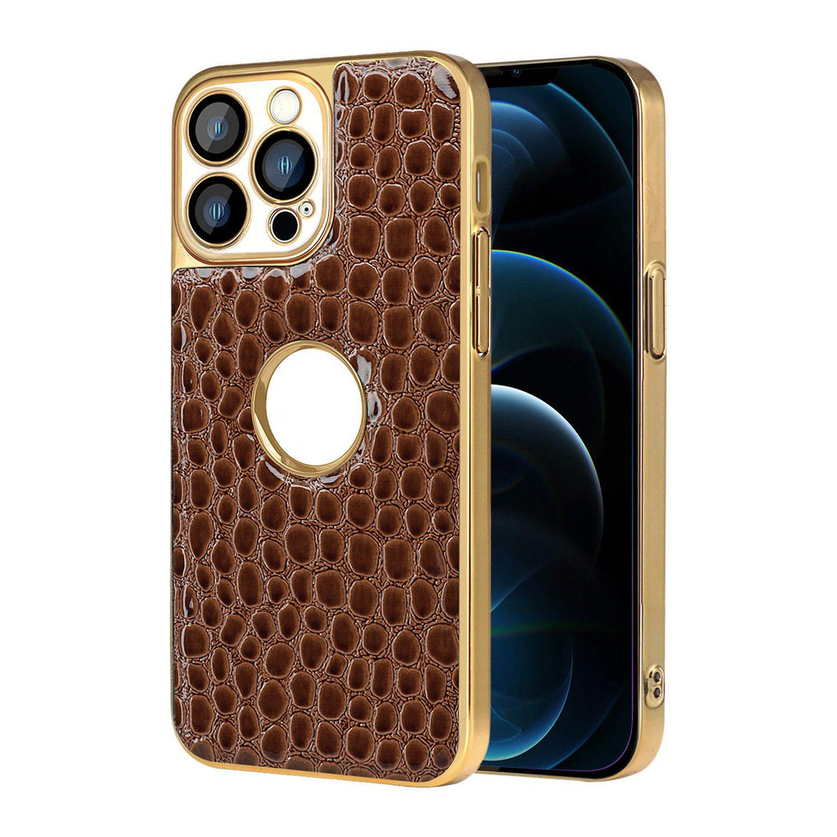 For iPhone 12 Pro Max Pearl Crocodile Texture Electroplated Frame PC + Vegan Leather Phone Case - Brown - EDA009690117E