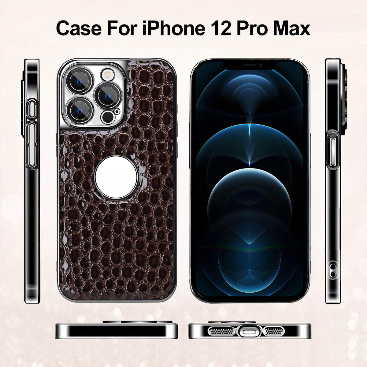 For iPhone 12 Pro Max Pearl Crocodile Texture Electroplated Frame PC + Vegan Leather Phone Case - Brown - EDA009690117E
