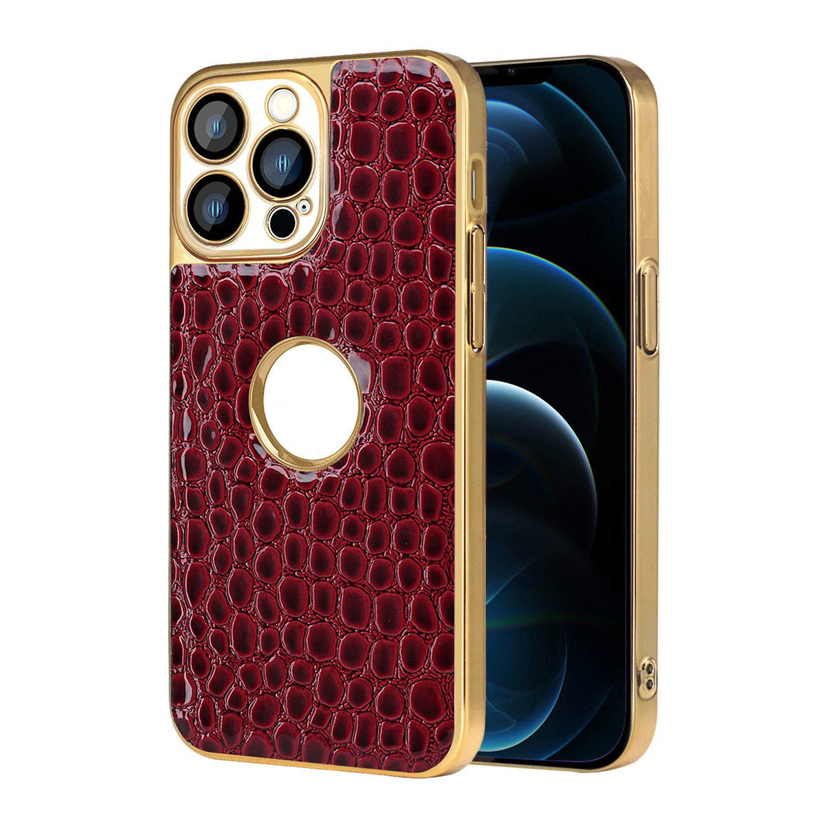 For iPhone 12 Pro Max Pearl Crocodile Texture Electroplated Frame PC + Vegan Leather Phone Case - Red - EDA009690117F