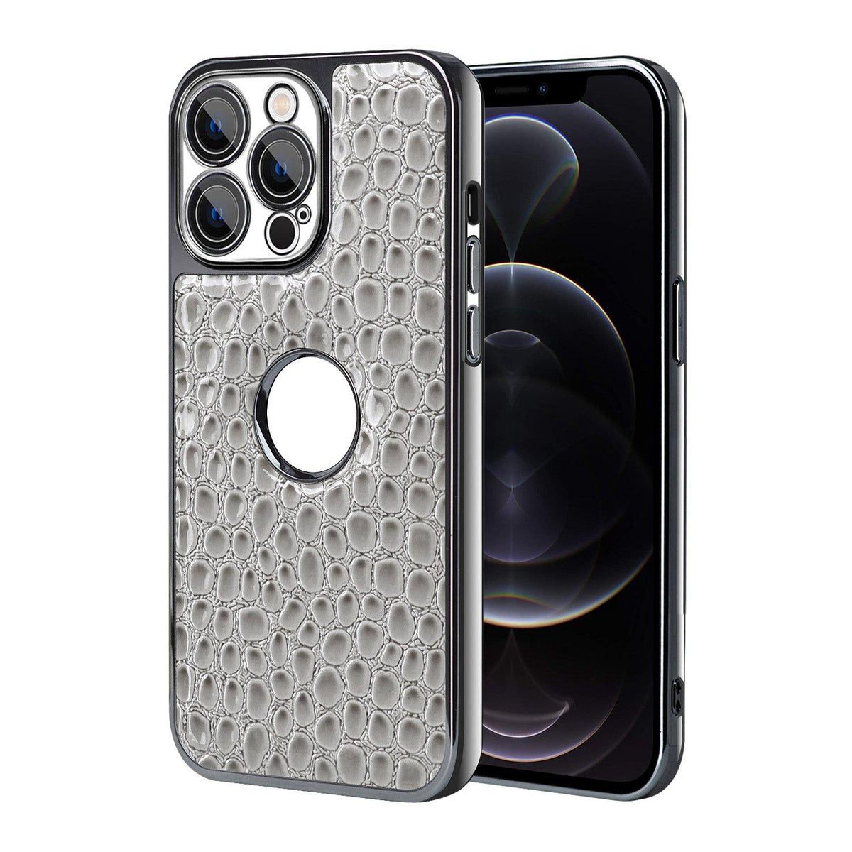 For iPhone 12 Pro Pearl Crocodile Texture Electroplated Frame PC + Vegan Leather Phone Case - Gray - EDA009690118A