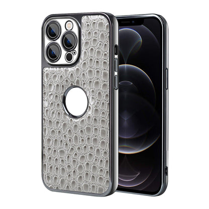 For iPhone 12 Pro Pearl Crocodile Texture Electroplated Frame PC + Vegan Leather Phone Case - Gray - EDA009690118A