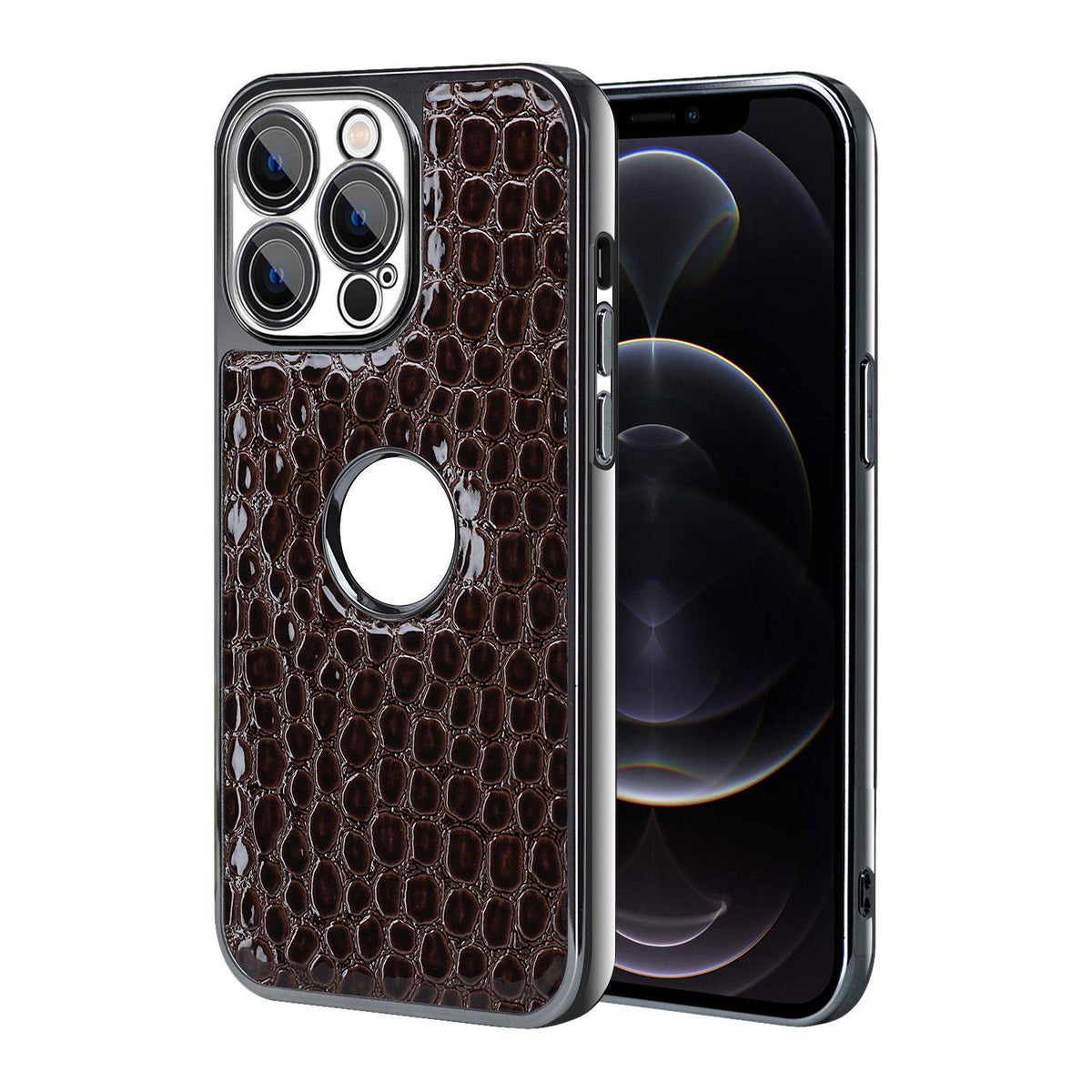 For iPhone 12 Pro Pearl Crocodile Texture Electroplated Frame PC + Vegan Leather Phone Case - Dark Brown - EDA009690118B