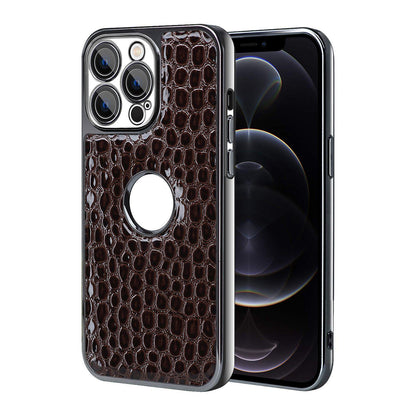 For iPhone 12 Pro Pearl Crocodile Texture Electroplated Frame PC + Vegan Leather Phone Case - Dark Brown - EDA009690118B