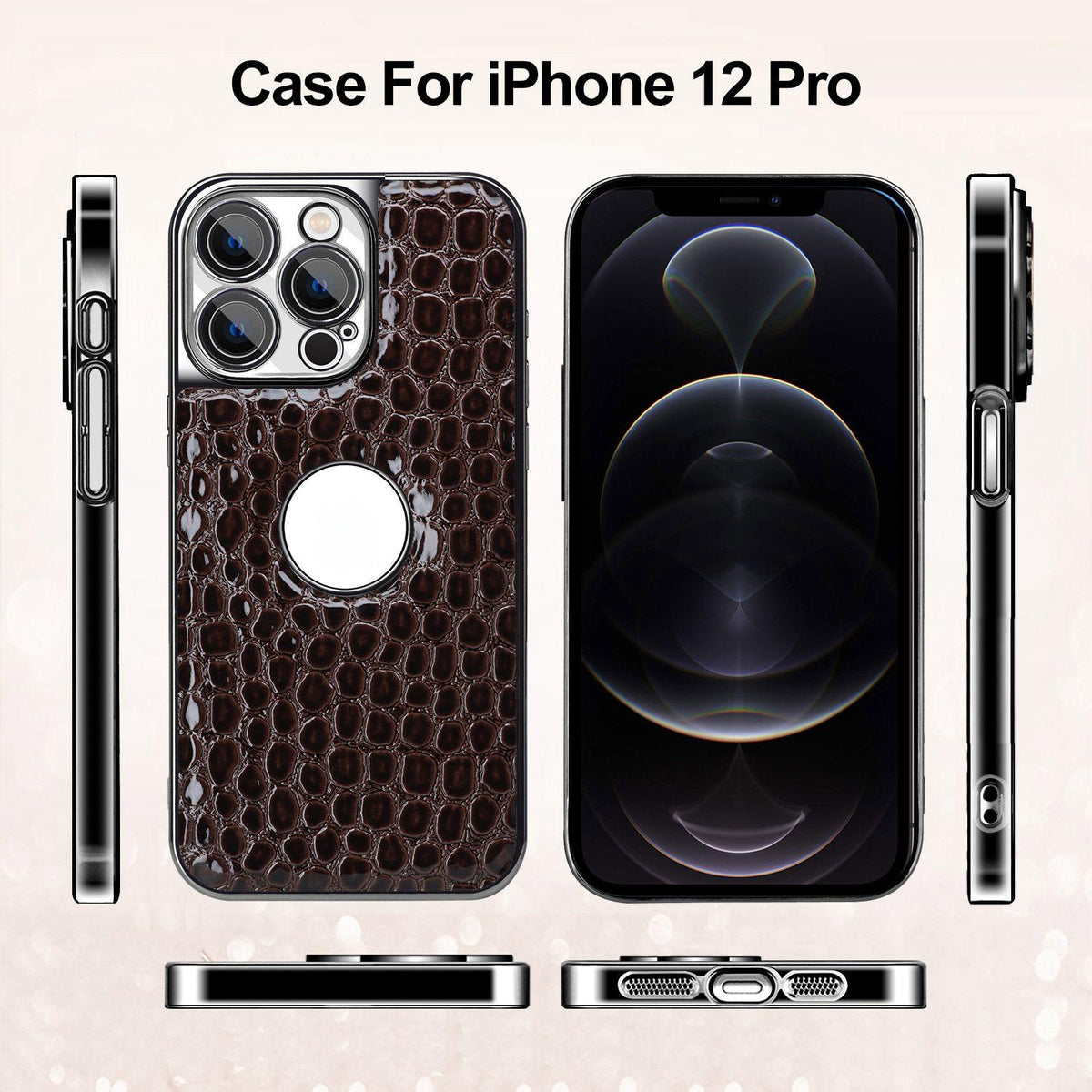 For iPhone 12 Pro Pearl Crocodile Texture Electroplated Frame PC + Vegan Leather Phone Case - Dark Brown - EDA009690118B