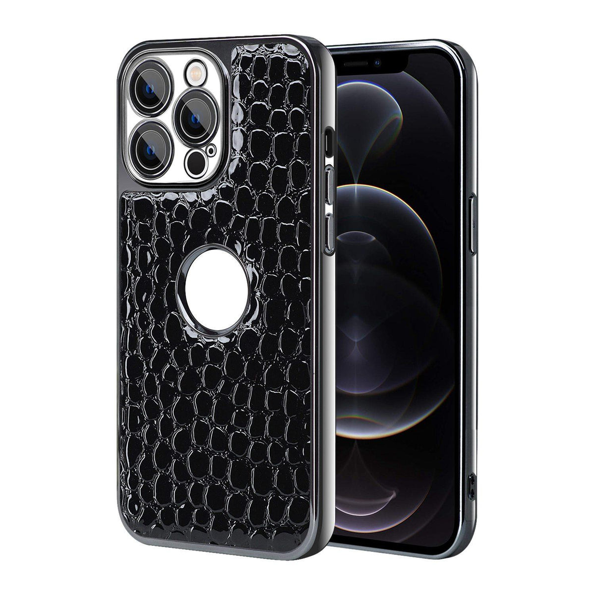 For iPhone 12 Pro Pearl Crocodile Texture Electroplated Frame PC + Vegan Leather Phone Case - Black - EDA009690118C