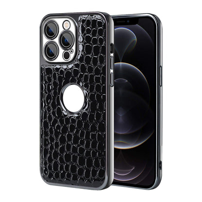 For iPhone 12 Pro Pearl Crocodile Texture Electroplated Frame PC + Vegan Leather Phone Case - Black - EDA009690118C