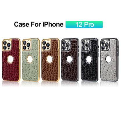 For iPhone 12 Pro Pearl Crocodile Texture Electroplated Frame PC + Vegan Leather Phone Case - Black - EDA009690118C