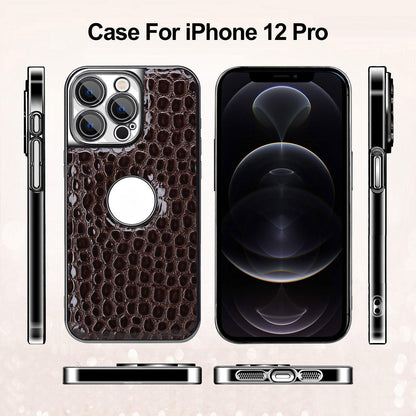 For iPhone 12 Pro Pearl Crocodile Texture Electroplated Frame PC + Vegan Leather Phone Case - Black - EDA009690118C