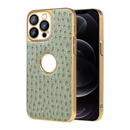 For iPhone 12 Pro Pearl Crocodile Texture Electroplated Frame PC + Vegan Leather Phone Case - Green - EDA009690118D