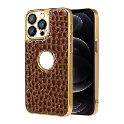 For iPhone 12 Pro Pearl Crocodile Texture Electroplated Frame PC + Vegan Leather Phone Case - Brown - EDA009690118E