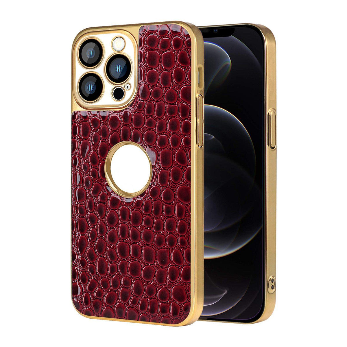For iPhone 12 Pro Pearl Crocodile Texture Electroplated Frame PC + Vegan Leather Phone Case - Red - EDA009690118F