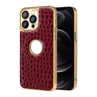 For iPhone 12 Pro Pearl Crocodile Texture Electroplated Frame PC + Vegan Leather Phone Case - Red - EDA009690118F
