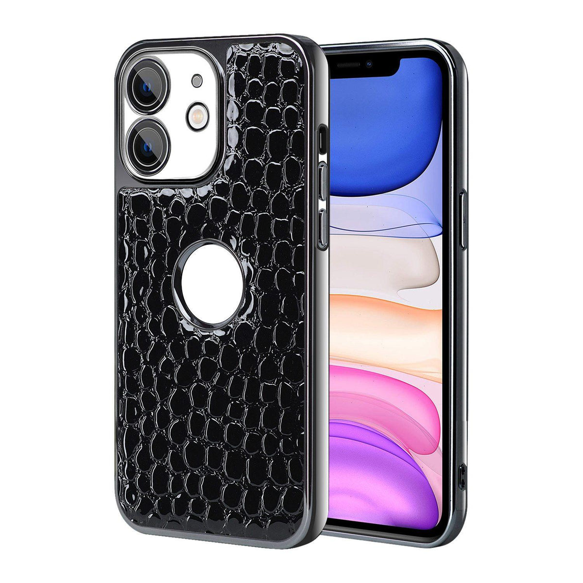 For iPhone 11 Pearl Crocodile Texture Electroplated Frame PC + Vegan Leather Phone Case - Black - EDA009690119C