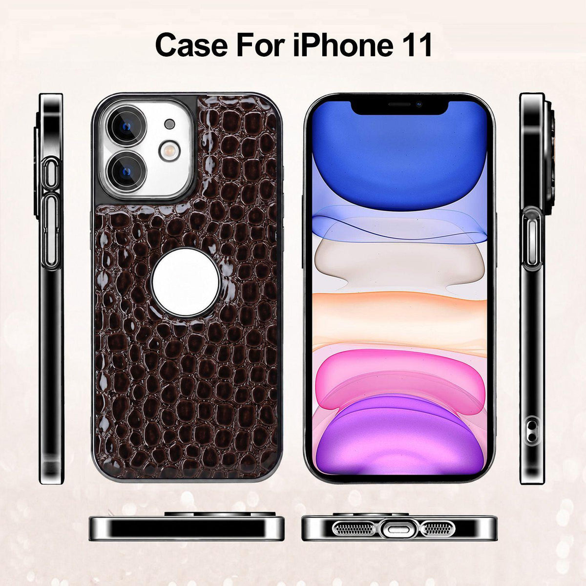 For iPhone 11 Pearl Crocodile Texture Electroplated Frame PC + Vegan Leather Phone Case - Black - EDA009690119C