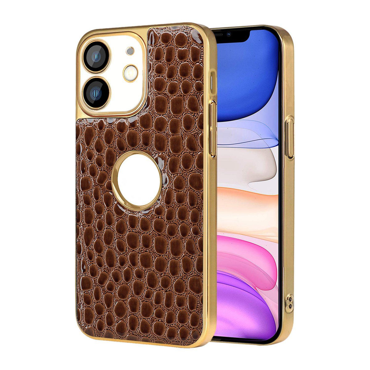 For iPhone 11 Pearl Crocodile Texture Electroplated Frame PC + Vegan Leather Phone Case - Brown - EDA009690119E