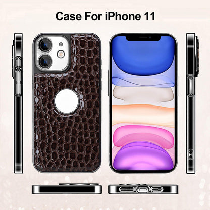For iPhone 11 Pearl Crocodile Texture Electroplated Frame PC + Vegan Leather Phone Case - Brown - EDA009690119E