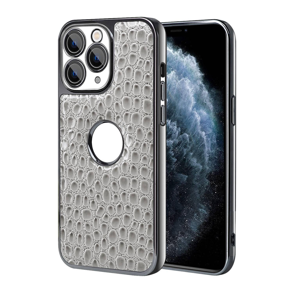 For iPhone 11 Pro Pearl Crocodile Texture Electroplated Frame PC + Vegan Leather Phone Case - Gray - EDA009690120A